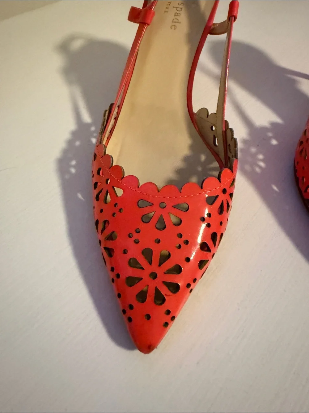 kate spade Coral Red Laser-Cut Pointed Slingback Heels
